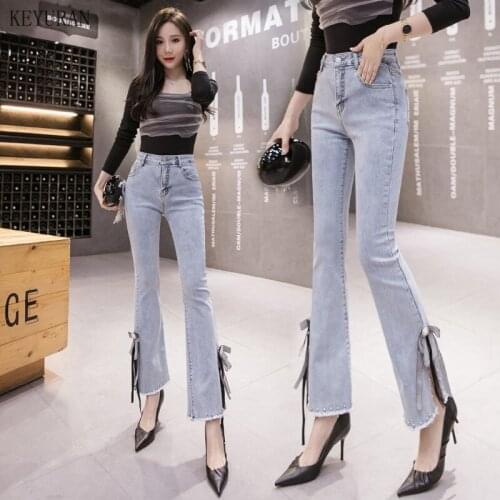 Womens Jeans 2020 Autumn Split bead High Waist Jeans Women Boot Cut Pants Denim Trousers Slim elasticity Jean Ankle-Length Pant