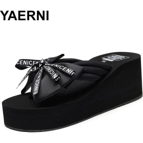 YAERNI Women Flip Flops Summer Fashion Solid Color Bow Wedge Sandals Outdoor Slipper Beach Shoes For Woman Platform Shoes