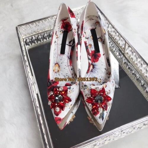 Women Print Flower Slingback Pumps Crystal Cut Out Slip On Wedding Dress Ladies Shoes Wedding Shinning Shoes Jewelry