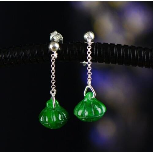 Retro Silver Earrings for Women Vintage Green Jade Gemstone with 925 Sterling Silver indian Jewelry pendientes