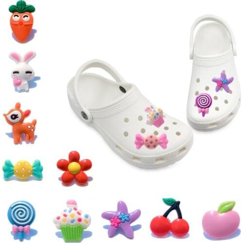 1-5pcs Sweet PVC Shoe Charms for Girls Candy Cake Clog Accessories Apple Cherry Flowers Decorations Rabbit Deer Sandal Ornaments