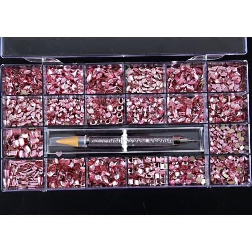 1Box Gems Crystals Rhinestones 1000pcs (20*50) Gold /Light Pink Non-Hotfix Glass With 1 Pick Up Pen Nail Art Tips Diamonds
