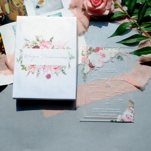All Designs 10pcs Free Shipping Flower Acrylic Invitations , Wedding Cards Printing Box With Logo,Custom Decoration