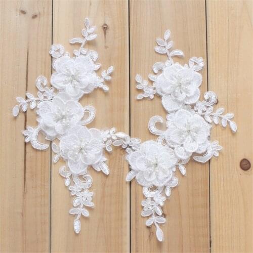 2 Mirror Pair ivory Wedding Dress Floral Embroidery Sewing Patches Beaded Lace Applique Flower Trims DIY Craft 25X12.5cm BD0346
