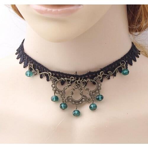 2016 new design vintage metal charm shiny faceted crystal beads fashion black lace choker jewelry accessory