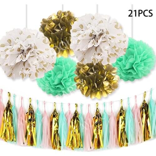 21Pcs/Set 10Inch Mint Green Paper Flowers Pink Gold Dot Tassel Garland DIY Pompoms Baby Shower Summer Party Decorative Supplies