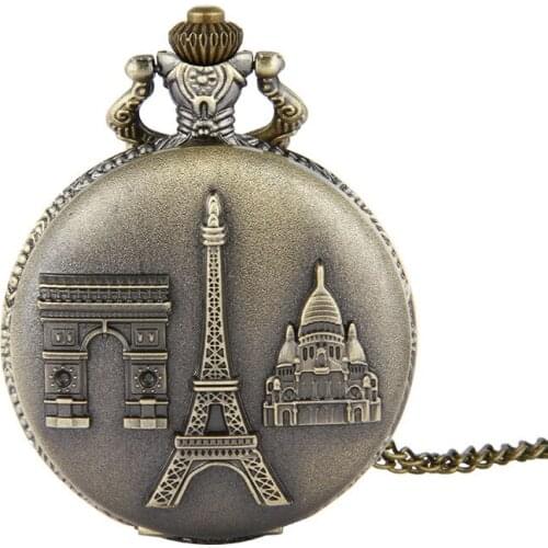 50pcs/lot Bronze Eiffel Tower Quartz Pocket Watch Pendant Fob Pocket Watch Necklacet Travel Gift Watches Wholesale