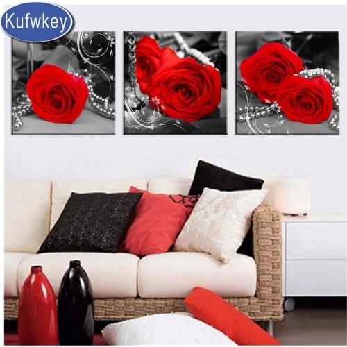 5d round diamond Embroidery 3 Piece Red Black And White Rose Flower diamond Painting full square drill Wall Art Picture