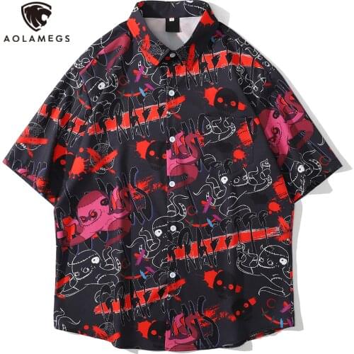 Aolamegs Men Shirt Hip Hop Funny Cartoon Animal Print Short Sleeve Shirts Summer Baggy Cozy High Street Hipster Cargo Streetwear