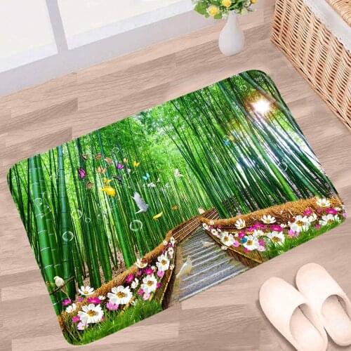 Bamboo Forest Bathroom Mats Butterfly Green Plants Trees Flowers Spring Scenery Non-slip Rugs Toilet Kitchen Doorway Carpet Pad