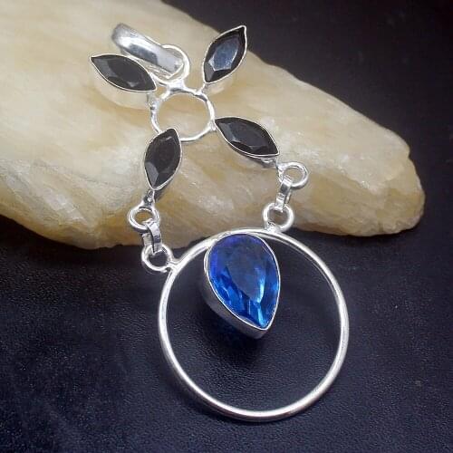 Gemstonefactory Jewelry Big Promotion Single Unique 925 Silver Black Onyx Blue Topaz Women Lady Necklace Pendant 20210228