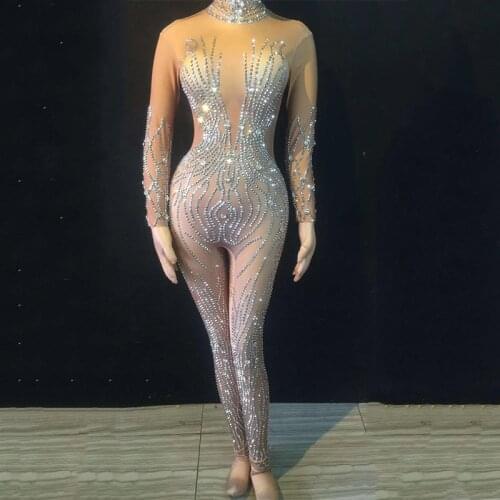 Silver Rhinestones Nude Jumpsuit Sexy Performance Bodysuit Female Singer Rompers Stage Wear Birthday Dance Wear Stretch Outfit