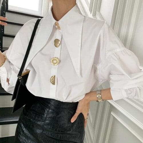 Korean 2021 Elegant Puff Sleeve Autumn Blouses Women Casual Cotton Sexy Fashion Blouse Shirt Single Breasted Woman Overshirt