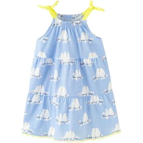 Little Maven New Summer Kids Blue Sleeveless Birds Printed Macrame Shoulder Straps Knitted 1-6yrs Cotton Girls Casual Dresses