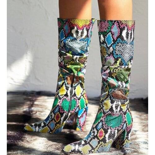 Moraima Snc Newest Knee High Riding boots Woman pointed Toe Snakeskin Leather Thick Heels Long Boots Fashion Shoes