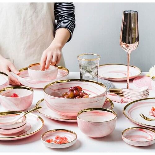 4 People Using 14 pcs Gold Ceramic Dinner Dish Plate Rice Salad Noodles Bowl Soup Plate Set Ceramic Marble Dinnerware