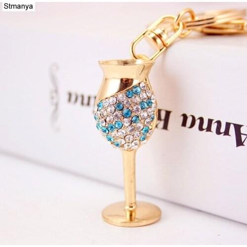 New Keychain Red wine cups Rhinestone Keychain Car Purse Pendant Bags keyRing Chains Key Rings For Wedding Gift jewelry K1594