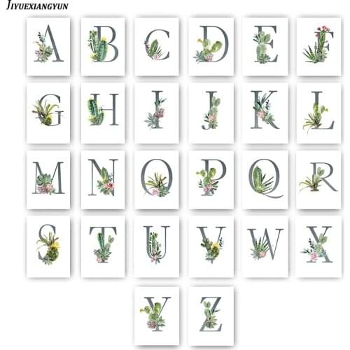 Ins Green Flower Childrens Cartoon Canvas Painting Prints Poster Wall Art Picture 26 English Letters Baby Bedroom Home Decor