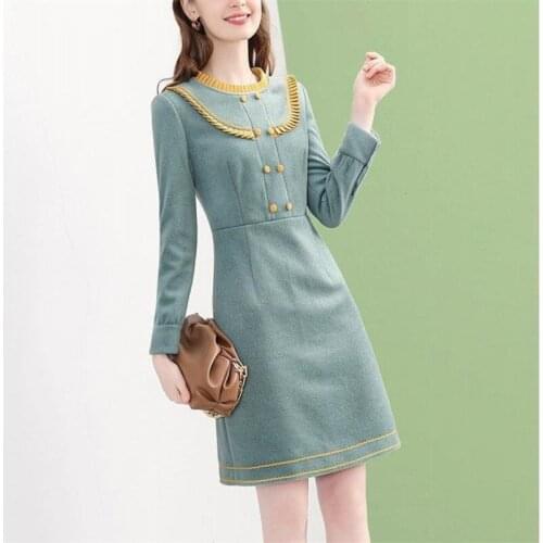 French Style Green Dress Women Spring Autumn New Round Neck Long Sleeve Splicing A-Line Elegant Slim Midi Dress Female Vestido