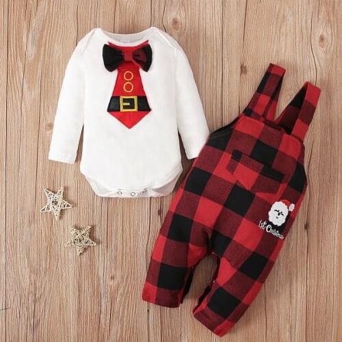 Christmas Clothes for Baby Gentleman Suits Bow Toddler Boy Bodysuit Plaid Suspender Pants Infant Boy Christmas Clothing Outfit