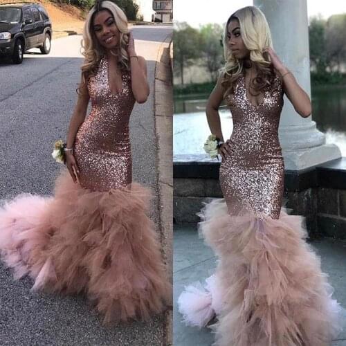 Rose Pink Sequins Mermaid Long Prom Dresses 2019 Black Girls Sexy Halter Deep V Neck Organza Skirt Evening Party Gowns