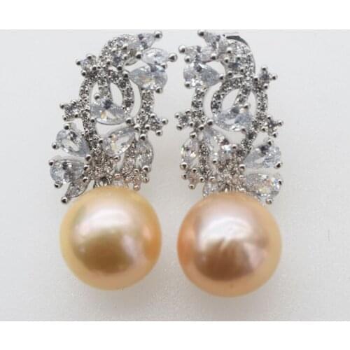 Pink/purple freshwater pearl reborn keshi near round 12-13mm +zircon square hook earrings FPPJ wholesale beads nature