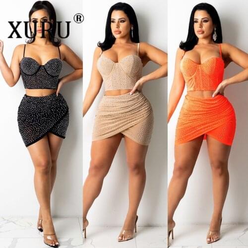 XURU Sexy European and American Hot Rhinestone Dress Set Deep V Neck Slim Dress Two Piece Set