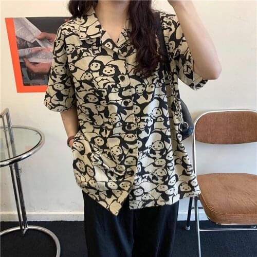 Spring Summer Women Shirt New Printed Panda Cotton Short-sleeved Shirt Turn-down Collar Best Friends Lady Girl Funny Women Shirt