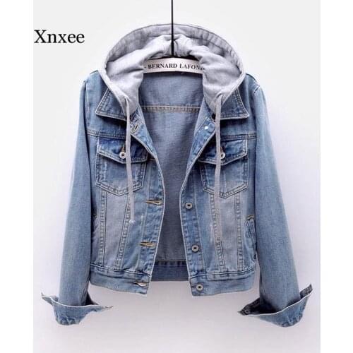 Spring and Autumn Womens Denim Jacket Ladies Slim Fashion Long Sleeve Hooded Short Top