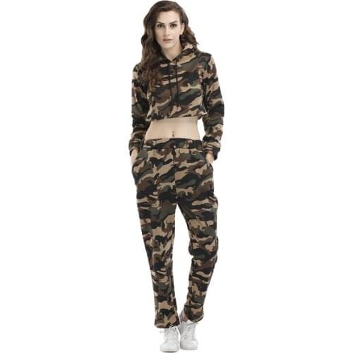 Military Style New Spring Autumn Short Hooded Camouflage Sweatshirt With Long Sweatpants 2Pcs/Set Women Clothing Sets S-2XL HOT