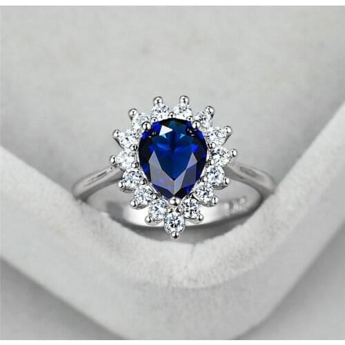 Vintage Silver Color Wedding Ring Blue Zircon Engagement Promise Ring Female Luxury Crystal Water Drop Stone Rings For Women Men