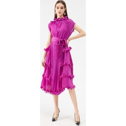 2021 Summer Miyake Pleated plus size women dress flower bud dress bow neckline Sashes original aesthetic clothes