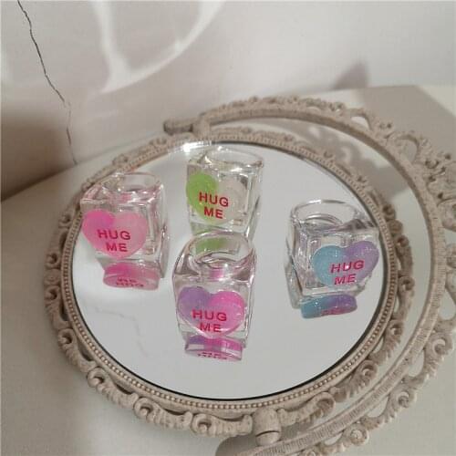 Sweet Vintage Colorful Heart Letters Hug Me Acrylic Transparent Square Ring For Women Egirl Harajuku Goth Y2k Aesthetic Jewelry