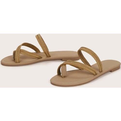 2021 fashion casual solid color all-match summer new style rattan flip flops outdoor female beach slippers