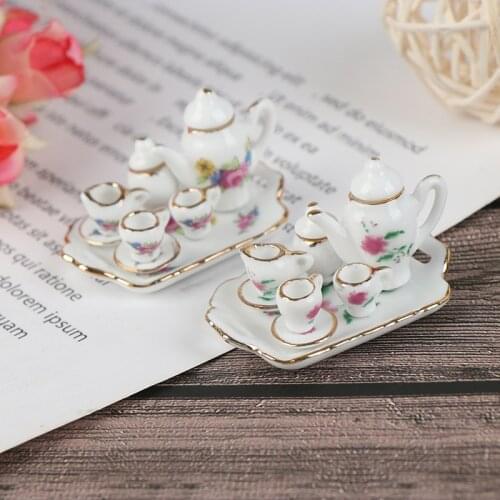 8Pcs Flower Pattern Dollhouse Miniature Dining Ware Porcelain Tea Set Dish Cup