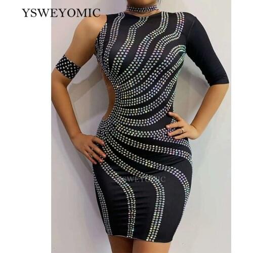 Black 2020 colorful Rhinestones Half Sleeves Dress Birthday Celebrate Outfit Womens Dance Bar Outfit Female Singer Dance Dress
