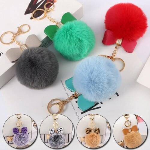 Cute Faux Fur Pompom Keychain Rhinestone Leather Bow Key Chain Artificial Hair Ball Car Key Ring Women Handbag Hanging Pendant