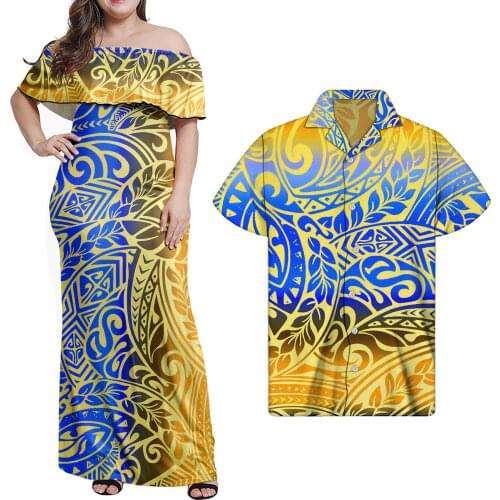 Hycool Wholesale Women Plus Size Off Shoulder Dress Polynesian Tribal Print Couple Sets Clothes Women Bodycon Dress MenS Shirts