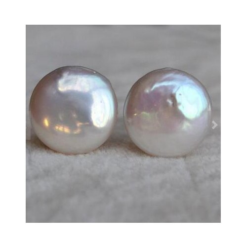 Perfect Pearl Jewelry,AAA 14MM White Color Coin Shape Real Freshwater Pearl Earrings,Huge Pearl Jewelry,Wedding Earring