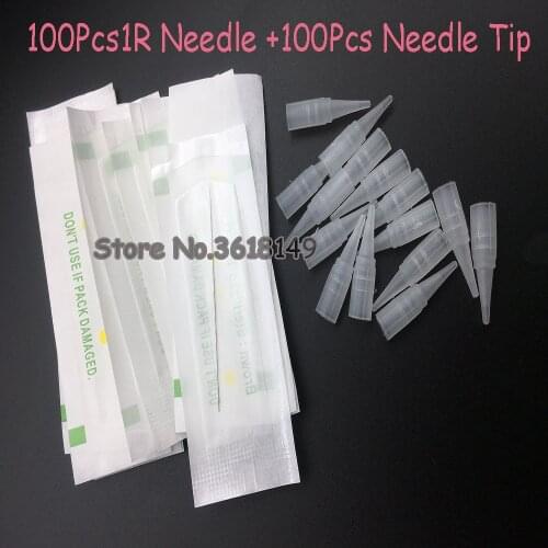 100pcs Tattoo Needle 1R and 100pcs Needle Tip Cap Permanent Makeup Eyebrow Pen Machine Disposable Agulhas Dermografo Universal