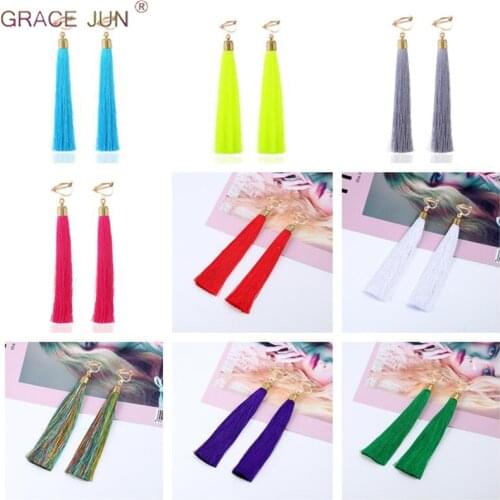 12cm&5.1'' Long Tassel Fiber Clip on Earrings No Pierced for Women Party Fashion Bohemia Bridal Wedding Ear Clip Anti-allergy