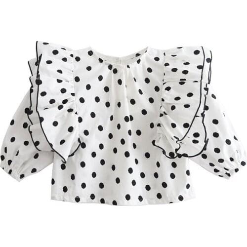 Korean Style Cute Girls T-Shirt Polka Dot Ruffles Long Sleeve Kids Blouses Outwear 2021 New Spring Autumn Children Clothing