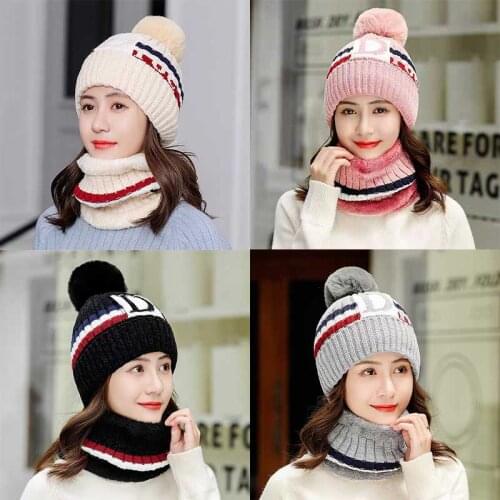 New Winter knitted Beanies Hats for Women Thick Warm Beanies Skullies Hat Female knitted Letter Bonnet Caps Outdoor Riding Sets