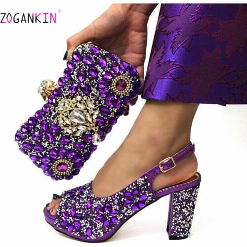 Purple Color Nigerian New Arrivals 2019 Christmas Party Shoes Matching Bag Buling Bling Sweet Style Shoes Matching Bag for Party
