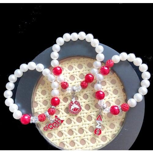 New Red And White Elastic Bracelet With White Pearl Oooop Accesorios Para Mujer