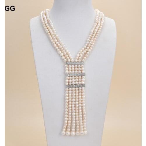 GG Jewelry 18-19" Natural 6-7mm white pearl3 Strands White Round Pearl Necklace CZ Connector