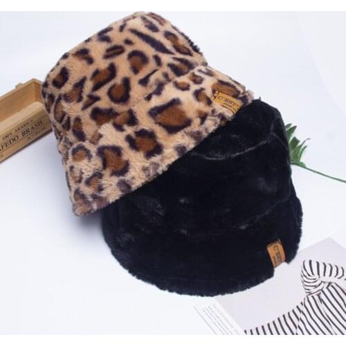 Winter Bucket Hat For Women Zebra Leopard Artificial Faux Fur Warm Female Outdoor Sun Panama Girls Cap
