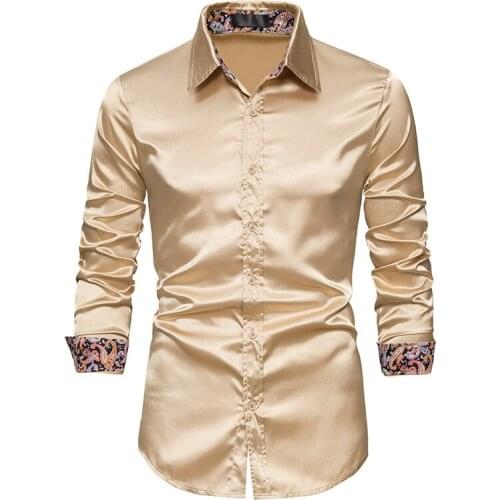 PARKLEES 2021 Paisley Patchwork Satin Dress Shirt Men Plus Size Shinny Slim Long Sleeve Camisas Wedding Bridegroom Chemise Homme