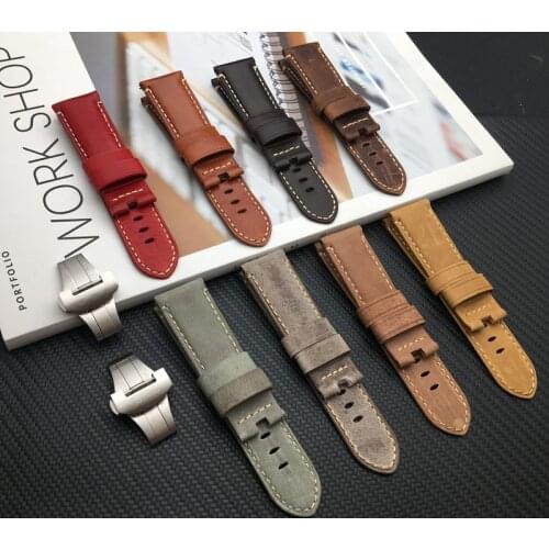 Top Quality 24mm Brown Gray Vintage retro Italy Genuine Leather Watchband For Panerai Strap watch band Butterfly buckle Belt