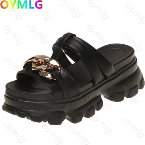 Thick-soled slippers female 2021 summer new metal chain fairy style fashion word platform shoes summer slipper shoe for women